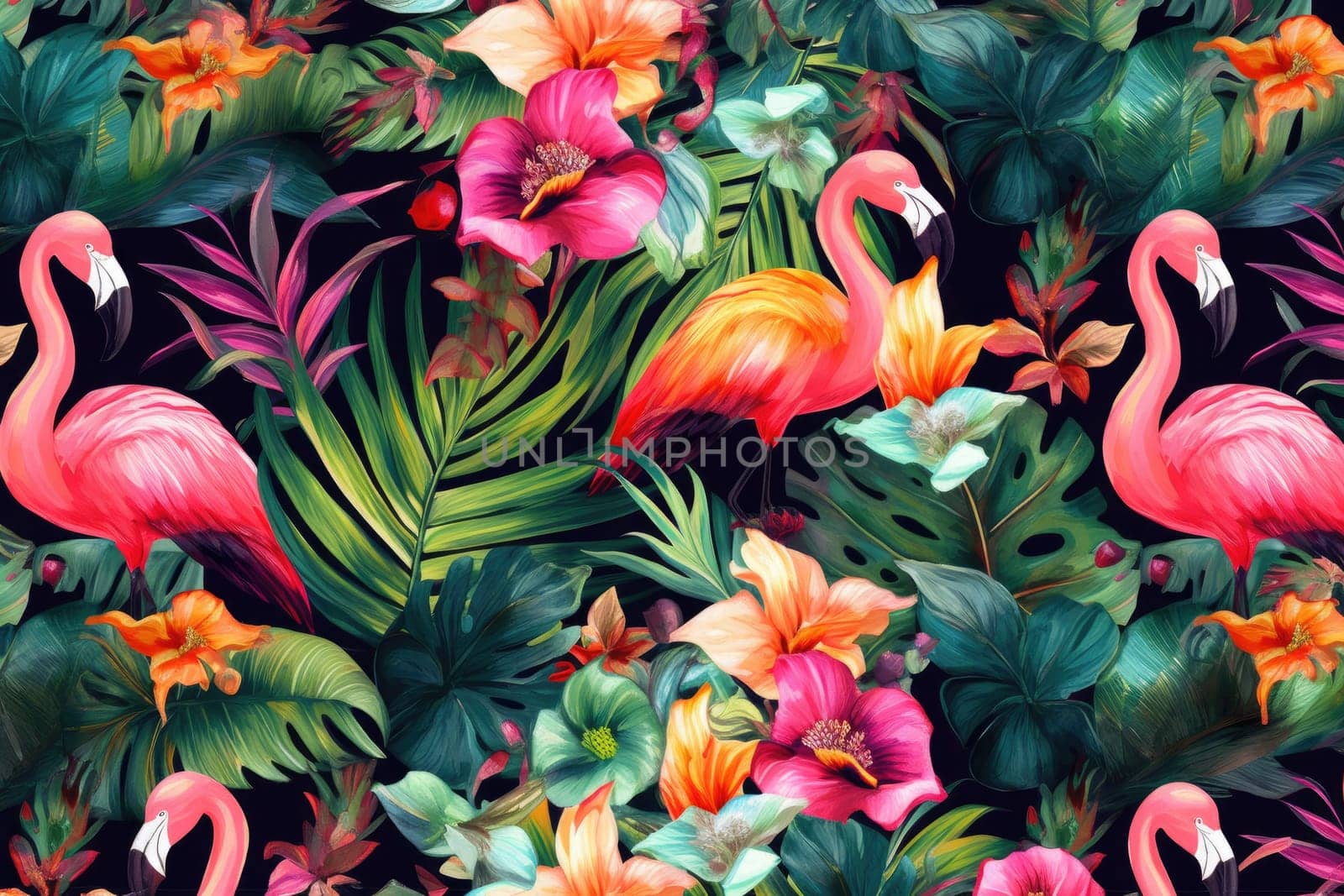 Tropical exotic pattern with animal and flowers in bright colors and lush vegetation. Ai Generative