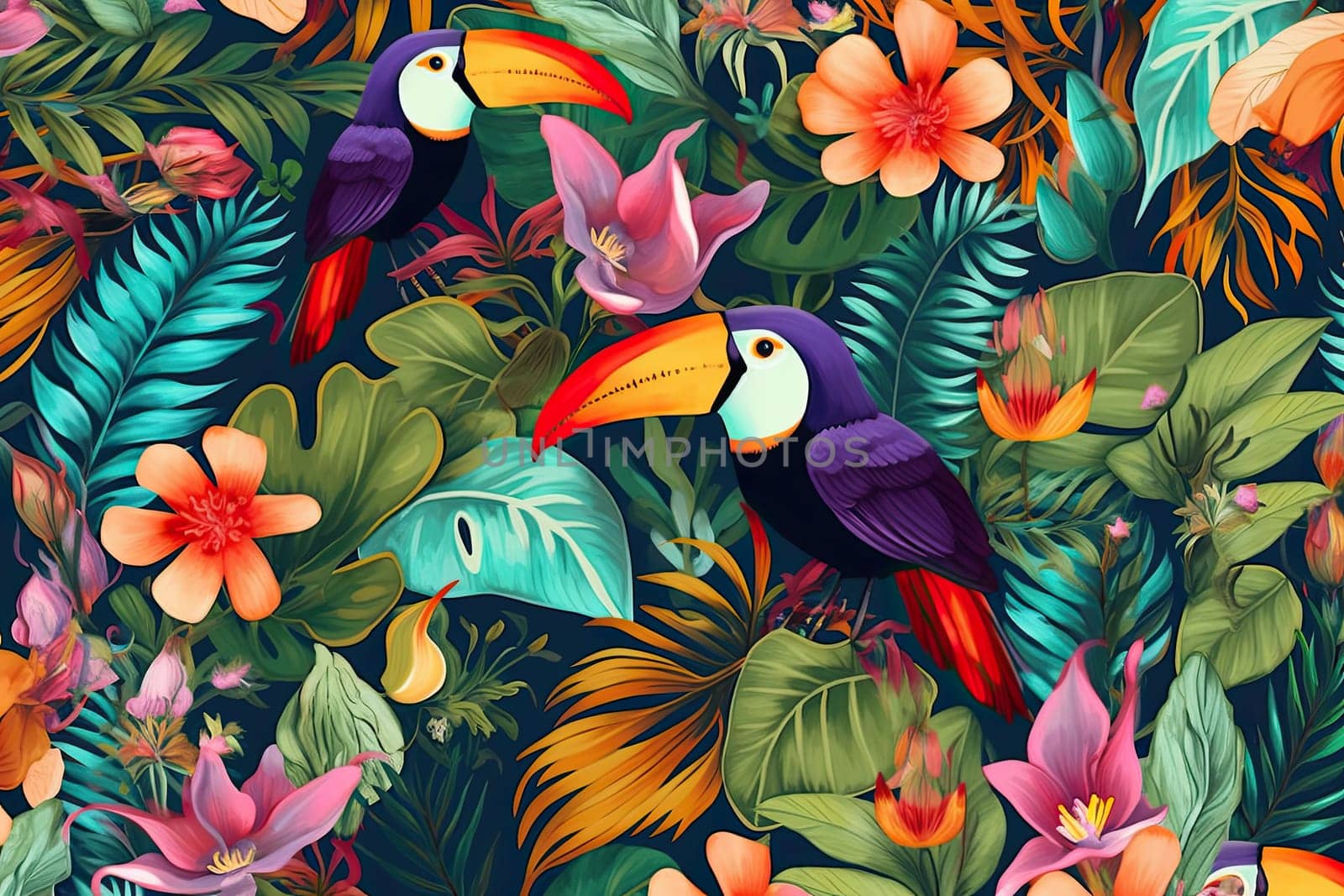 Tropical exotic pattern with animal and flowers in bright colors and lush vegetation. Ai Generative