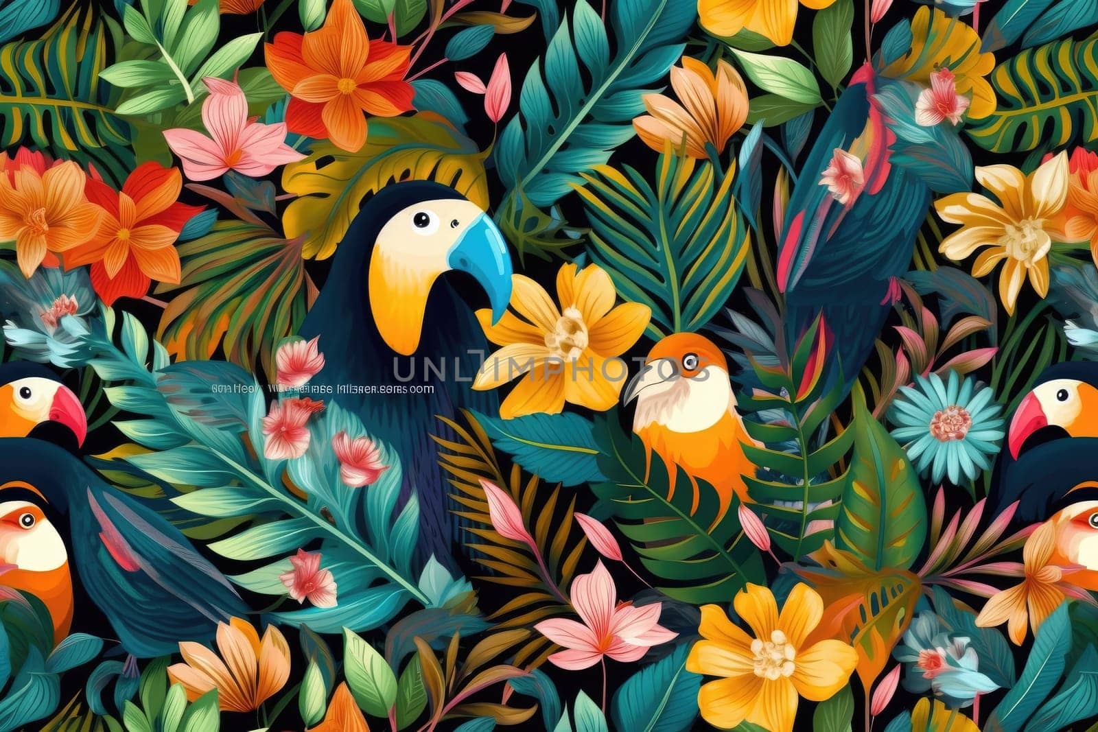 Tropical exotic pattern with animal and flowers in bright colors and lush vegetation. Ai Generative. by Benzoix