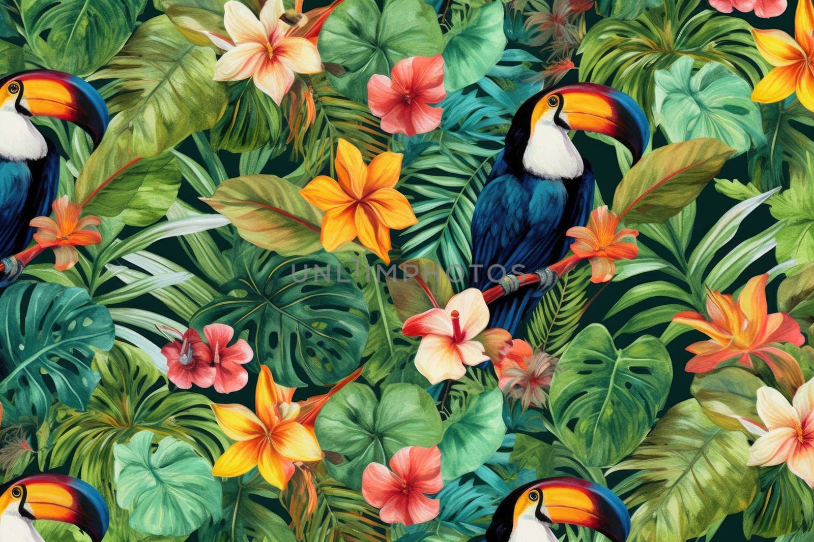 Tropical exotic pattern with animal and flowers in bright colors and lush vegetation. Ai Generative