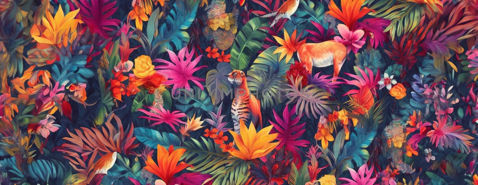 Tropical exotic pattern with animal and flowers in bright colors and lush vegetation. Ai Generative. by Benzoix