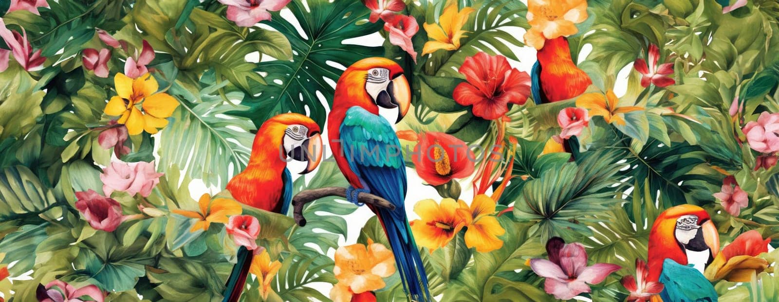 Tropical exotic pattern with animal and flowers in bright colors and lush vegetation. Ai Generative