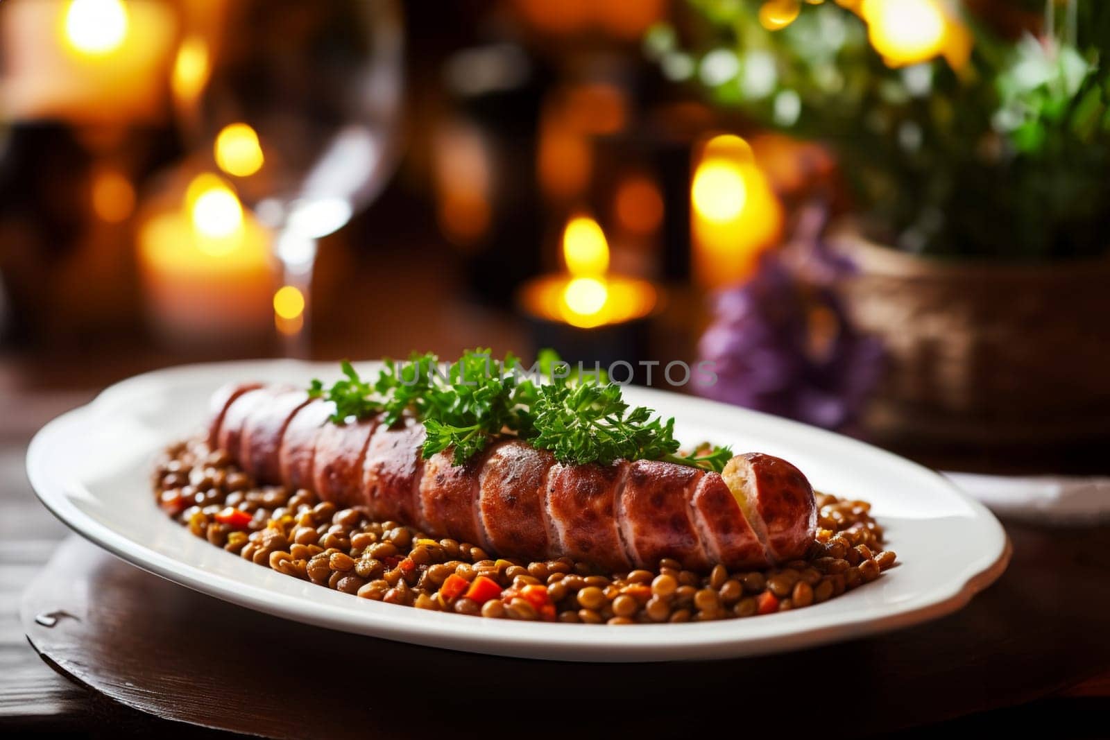 Cotechino with lentils raditional a Emilia-Romagna dish, with sausage served with lentils, symbolizing luck and prosperity for the new year.