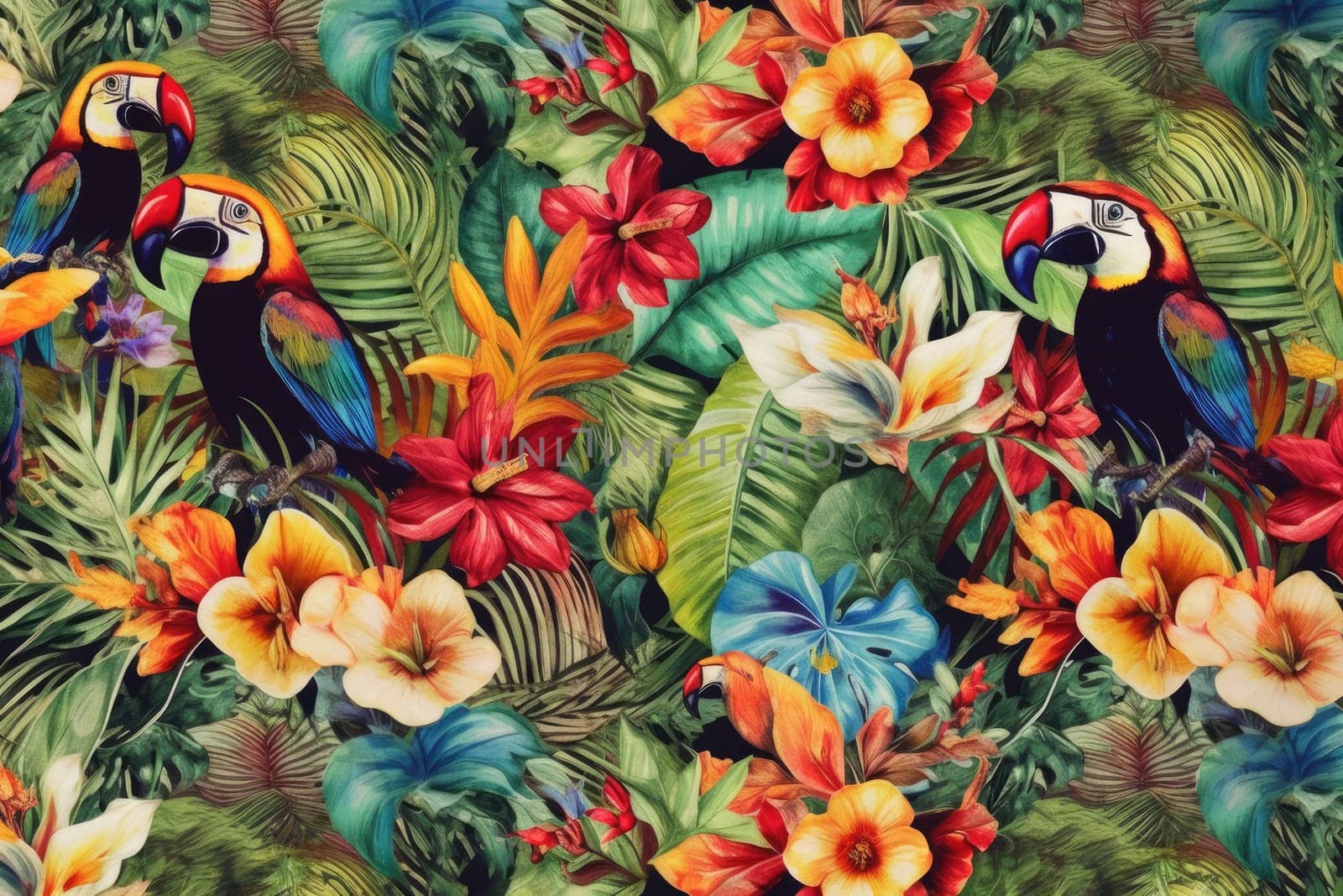 Tropical exotic pattern with animal and flowers in bright colors and lush vegetation. Ai Generative. by Benzoix