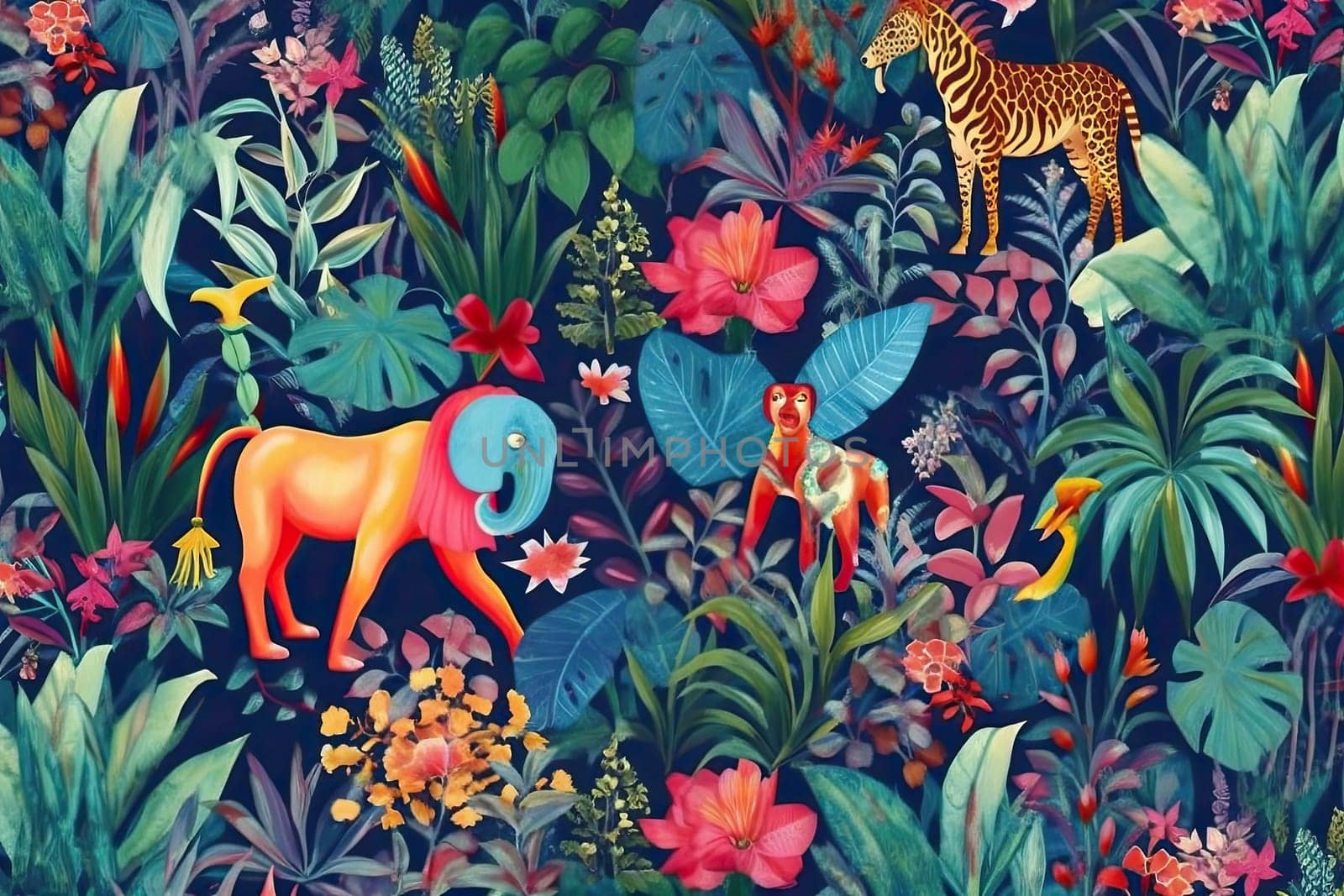 Tropical exotic pattern with animal and flowers in bright colors and lush vegetation. Ai Generative