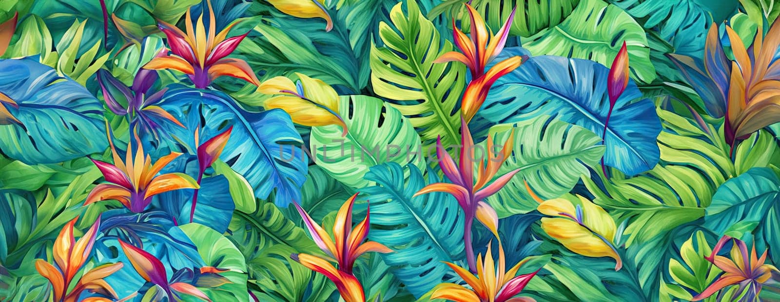 Tropical exotic pattern with animal and flowers in bright colors and lush vegetation. Ai Generative