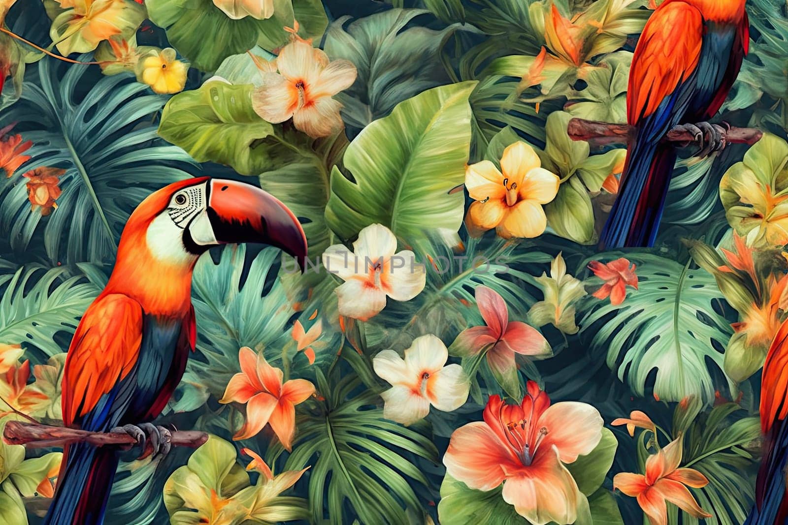 Tropical exotic pattern with animal and flowers in bright colors and lush vegetation. Ai Generative. by Benzoix