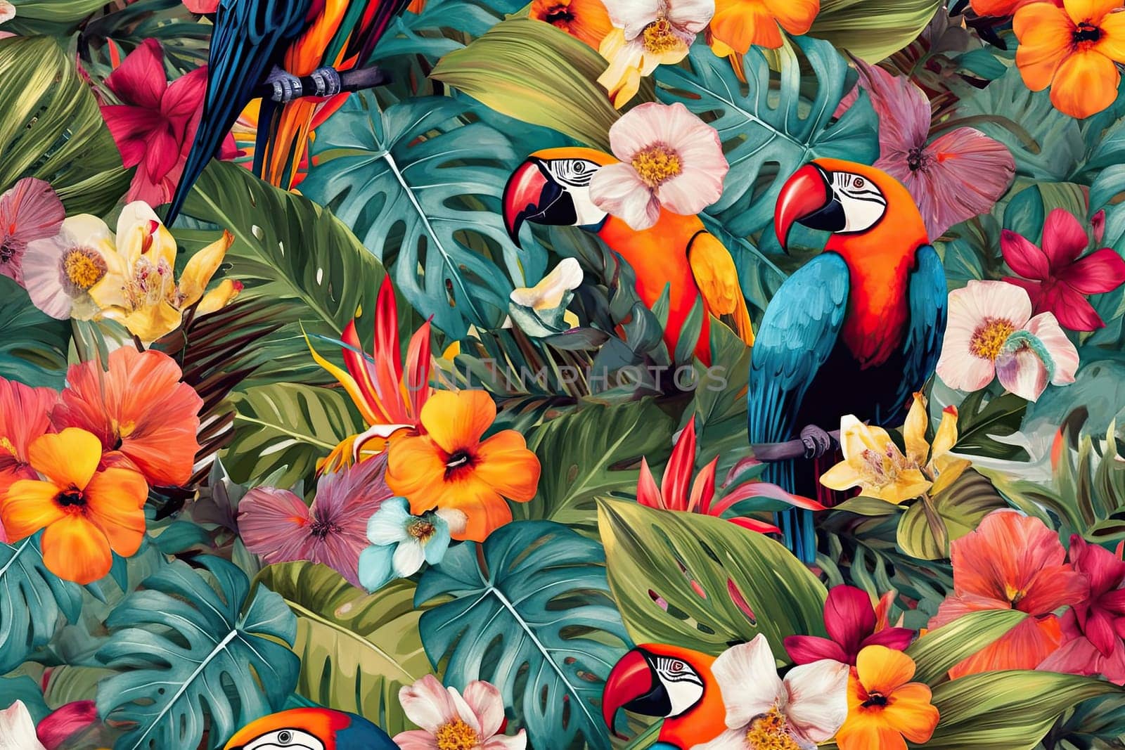 Tropical exotic pattern with animal and flowers in bright colors and lush vegetation. Ai Generative