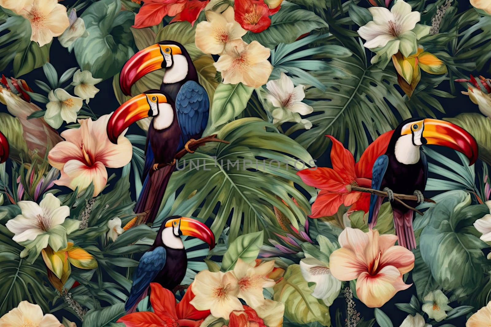 Tropical exotic pattern with animal and flowers in bright colors and lush vegetation. Ai Generative