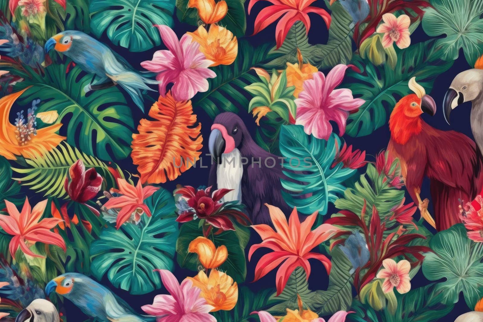 Tropical exotic pattern with animal and flowers in bright colors and lush vegetation. Ai Generative. by Benzoix