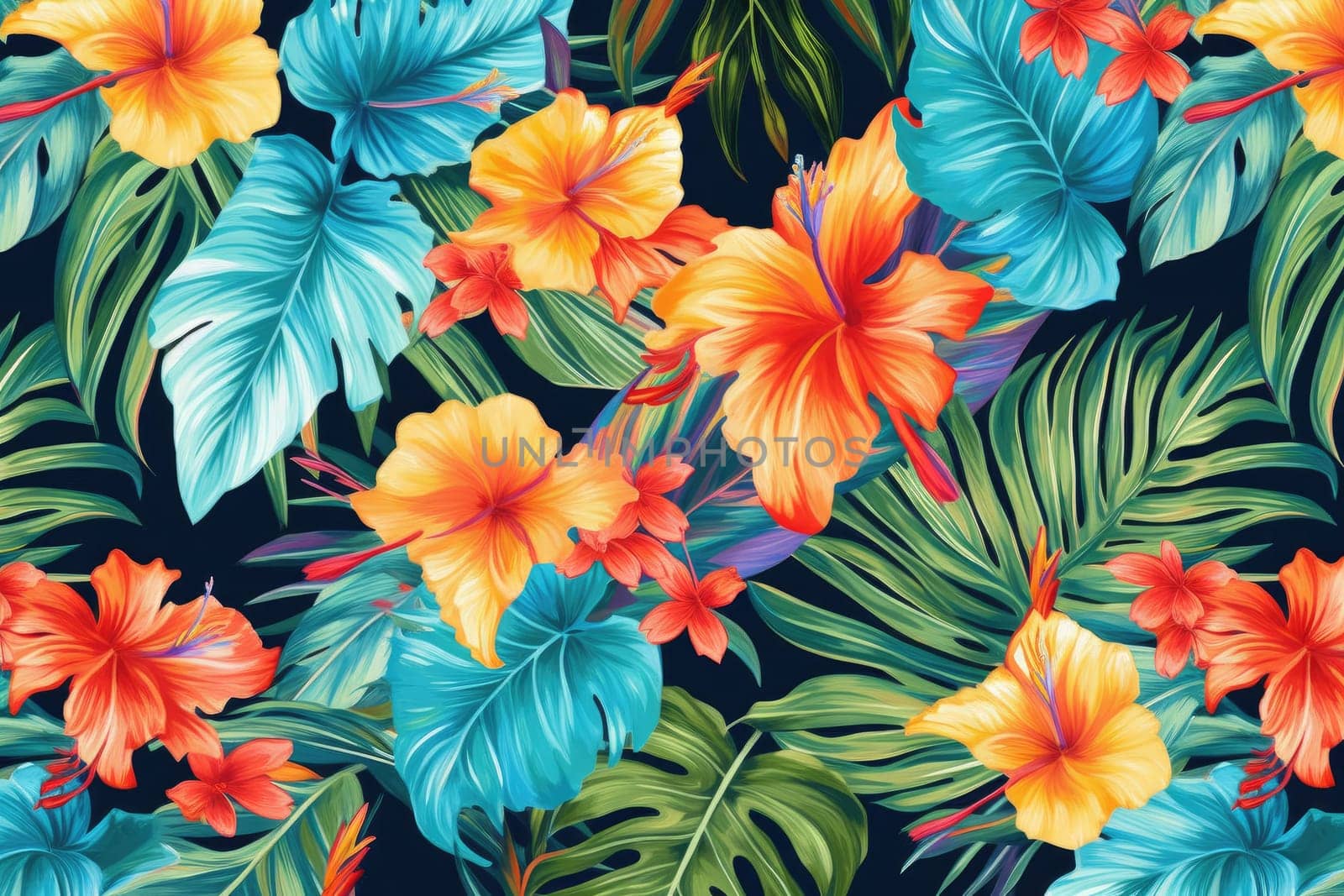 Tropical exotic pattern with animal and flowers in bright colors and lush vegetation. Ai Generative