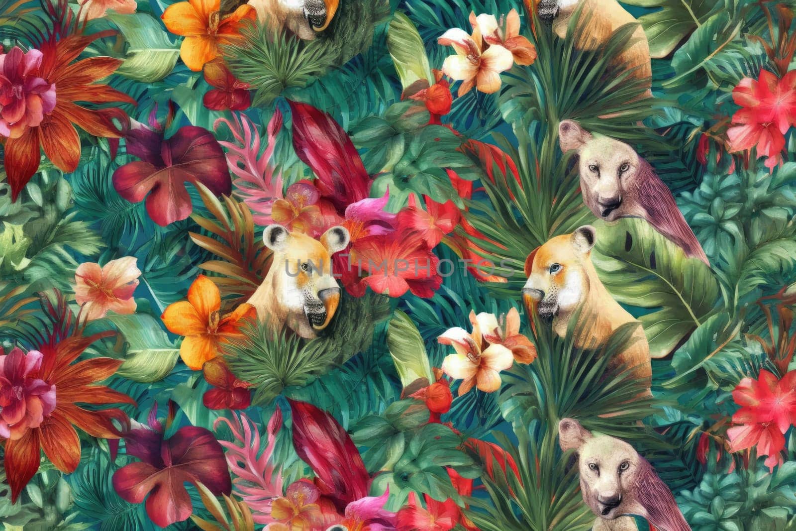 Tropical exotic pattern with animal and flowers in bright colors and lush vegetation. Ai Generative