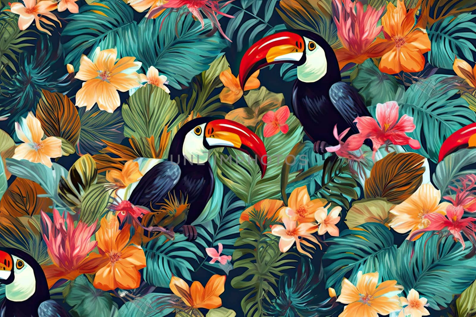 Tropical exotic pattern with animal and flowers in bright colors and lush vegetation. Ai Generative