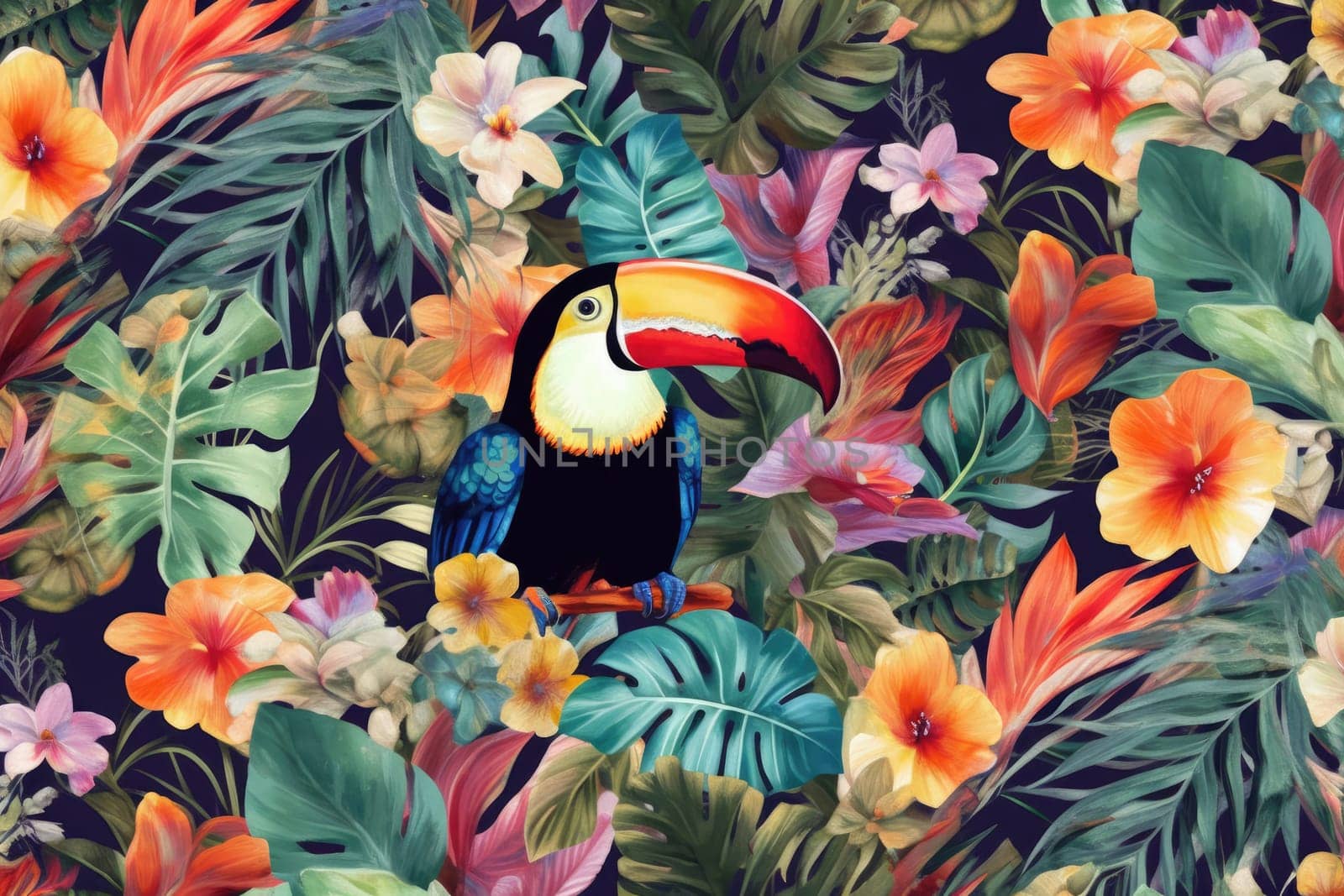 Tropical exotic pattern with animal and flowers in bright colors and lush vegetation. Ai Generative. by Benzoix