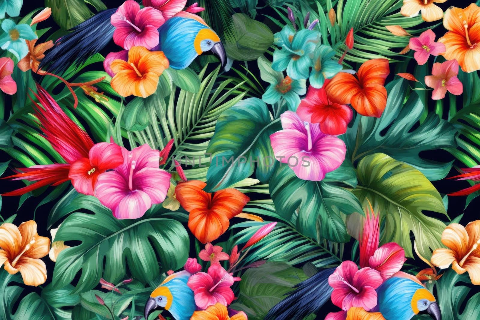 Tropical exotic pattern with animal and flowers in bright colors and lush vegetation. Ai Generative. by Benzoix