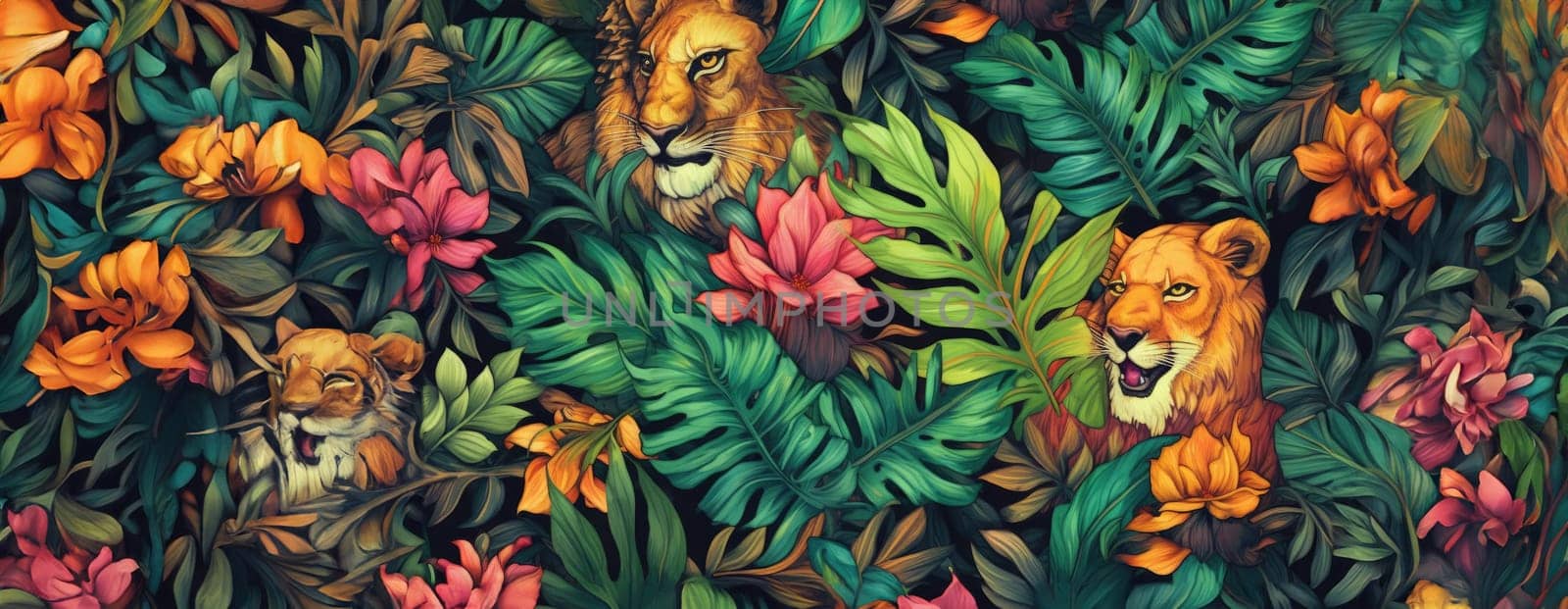 Tropical exotic pattern with animal and flowers in bright colors and lush vegetation. Ai Generative. by Benzoix