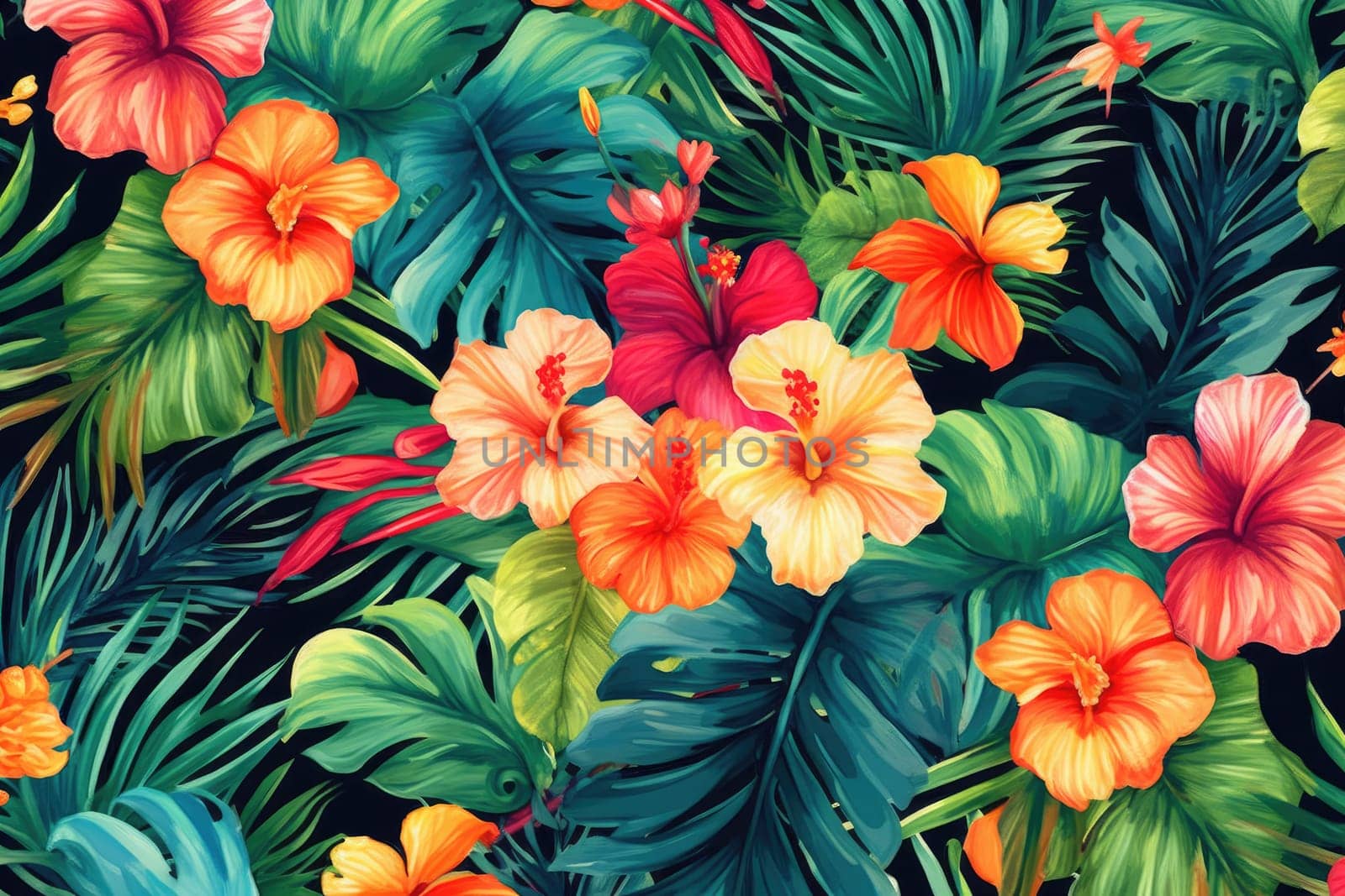 Tropical exotic pattern with animal and flowers in bright colors and lush vegetation. Ai Generative. by Benzoix