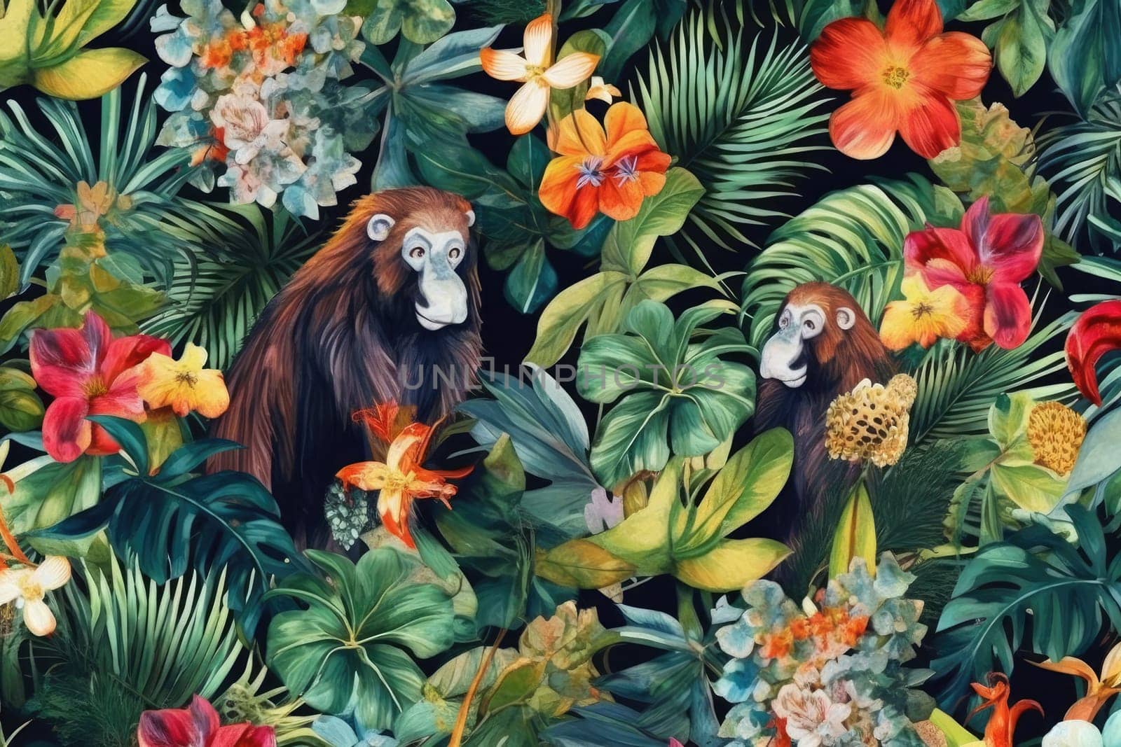 Tropical exotic pattern with animal and flowers in bright colors and lush vegetation. Ai Generative