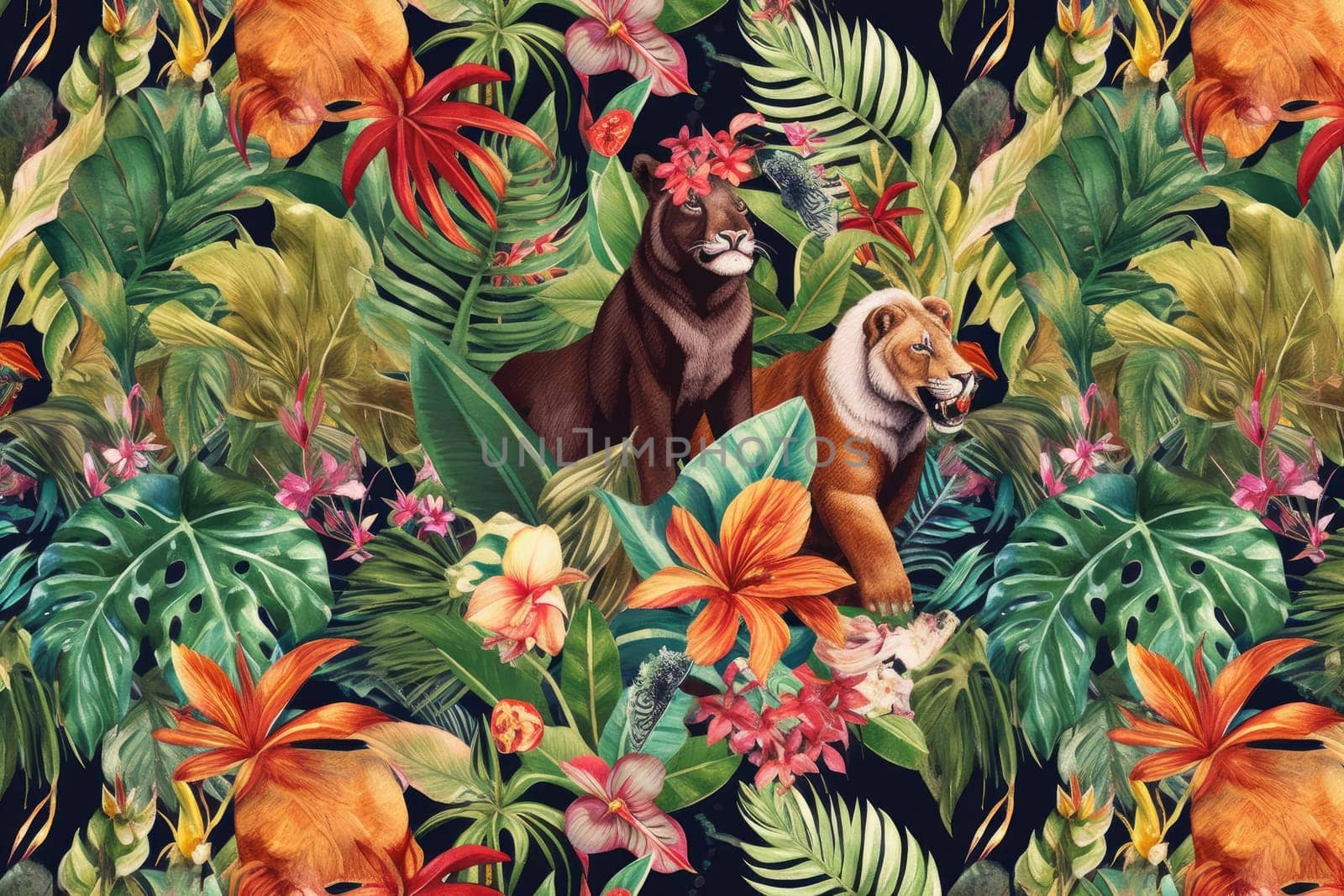 Tropical exotic pattern with animal and flowers in bright colors and lush vegetation. Ai Generative