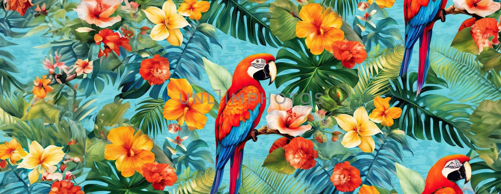 Tropical exotic pattern with animal and flowers in bright colors and lush vegetation. Ai Generative