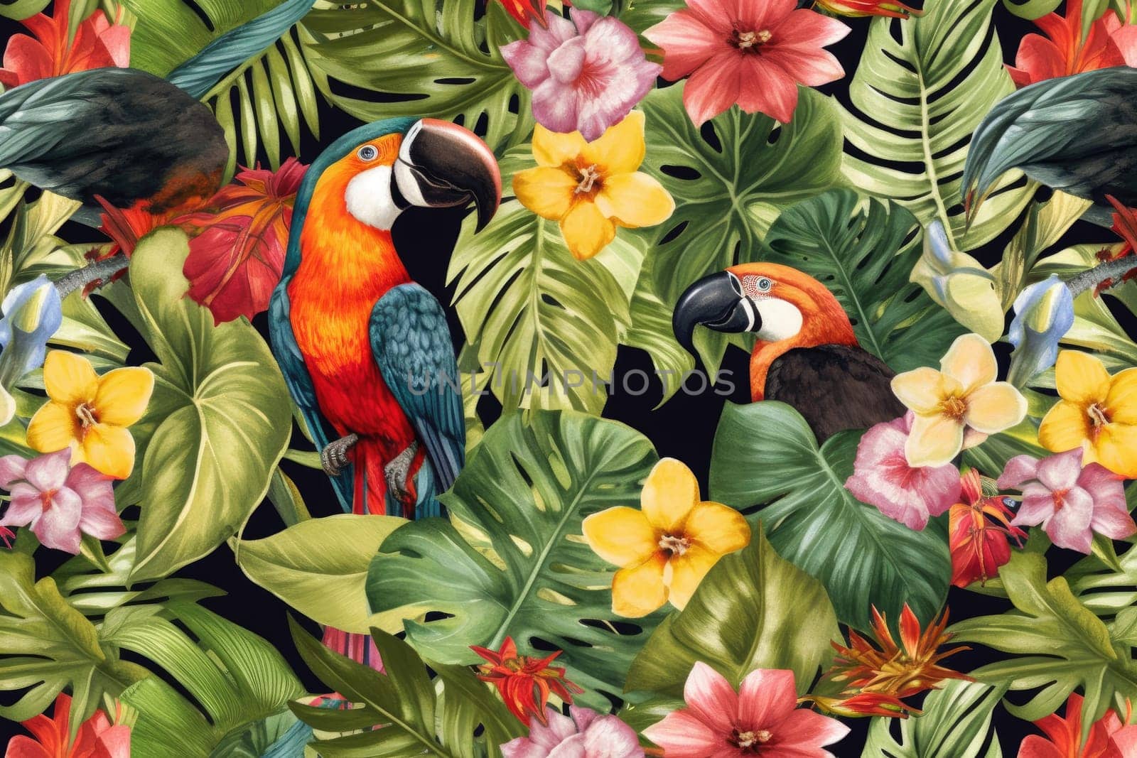 Tropical exotic pattern with animal and flowers in bright colors and lush vegetation. Ai Generative. by Benzoix