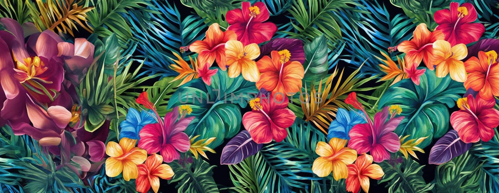 Tropical exotic pattern with animal and flowers in bright colors and lush vegetation. Ai Generative