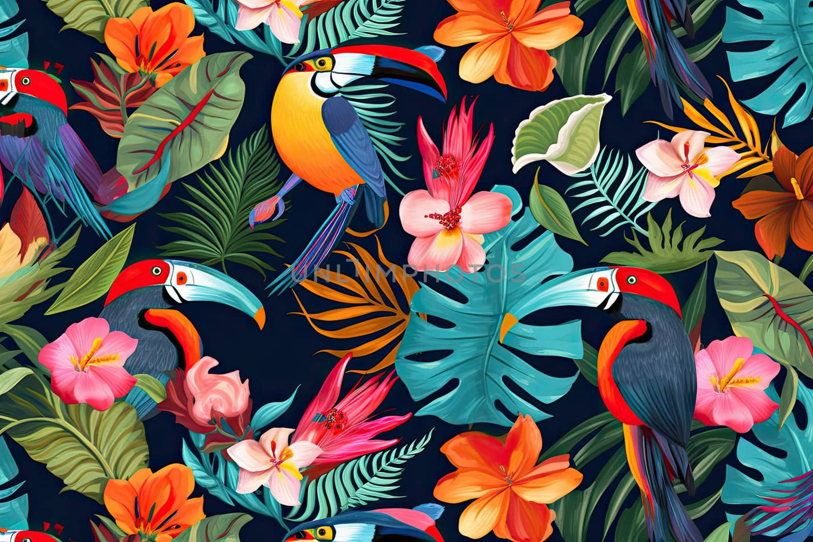 Tropical exotic pattern with animal and flowers in bright colors and lush vegetation. Ai Generative. by Benzoix