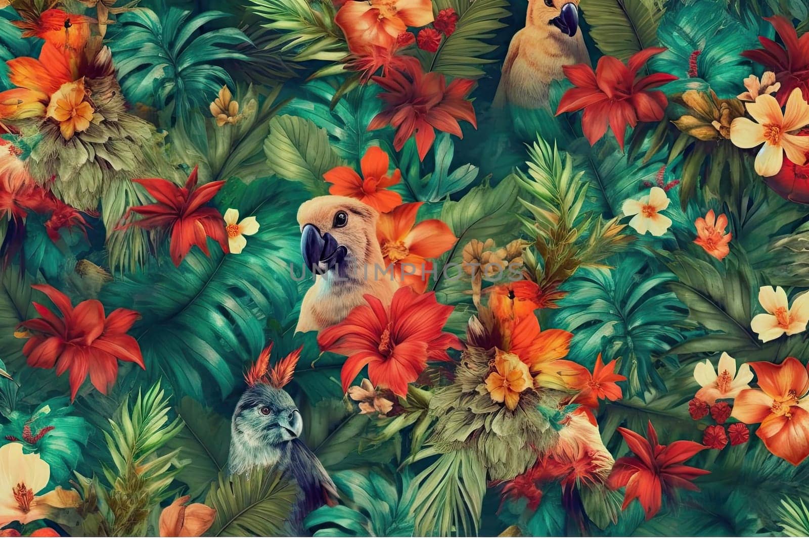 Tropical exotic pattern with animal and flowers in bright colors and lush vegetation. Ai Generative