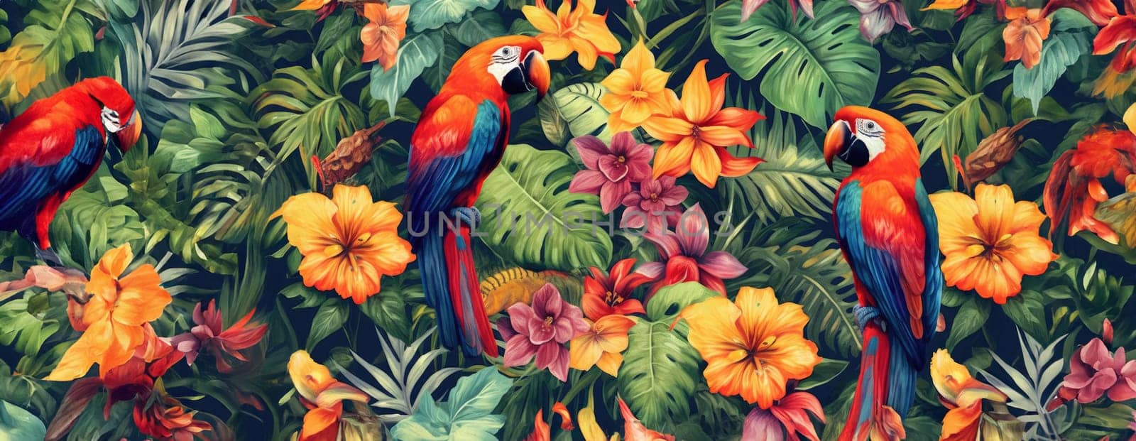 Tropical exotic pattern with animal and flowers in bright colors and lush vegetation. Ai Generative