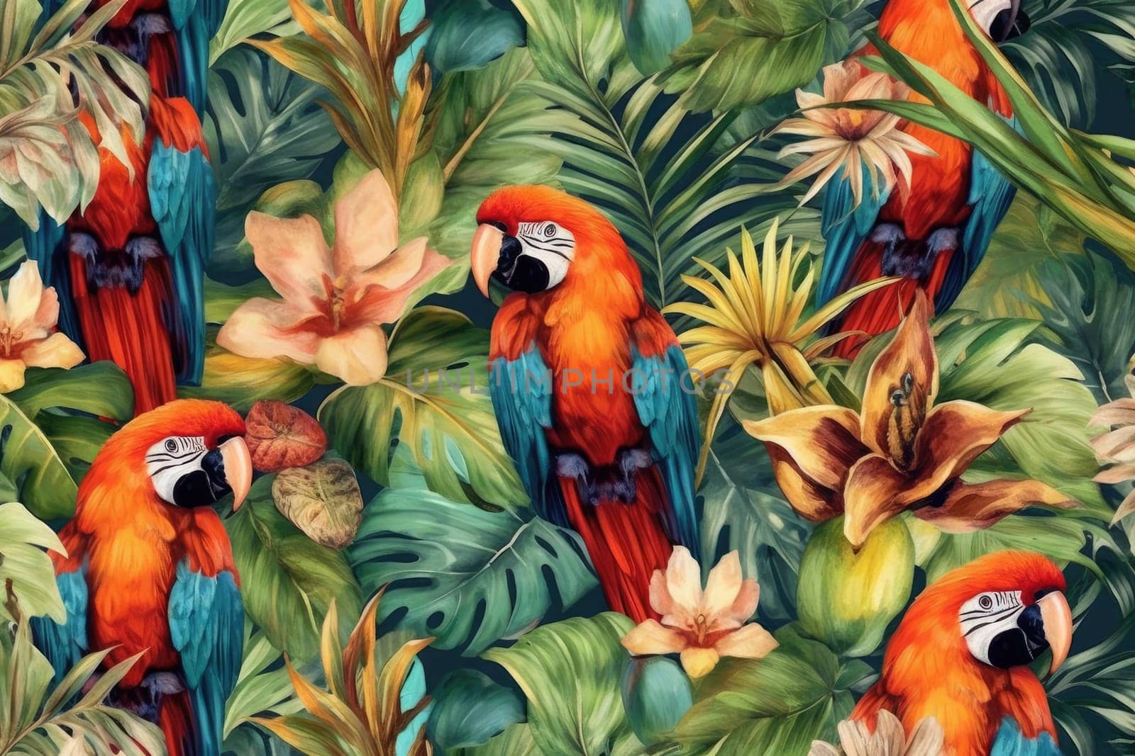 Tropical exotic pattern with animal and flowers in bright colors and lush vegetation. Ai Generative. by Benzoix