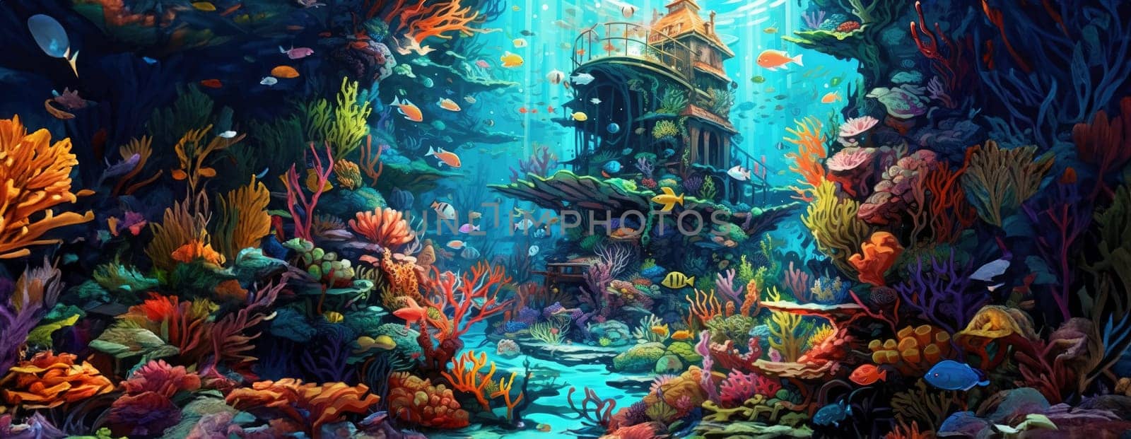 Tropical sea underwater fishes on coral reef. Aquarium oceanarium wildlife colorful marine panorama landscape nature snorkel diving. AI Generative