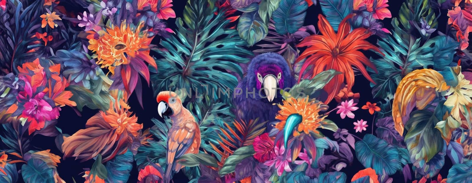 Tropical exotic pattern with animal and flowers in bright colors and lush vegetation. Ai Generative. by Benzoix