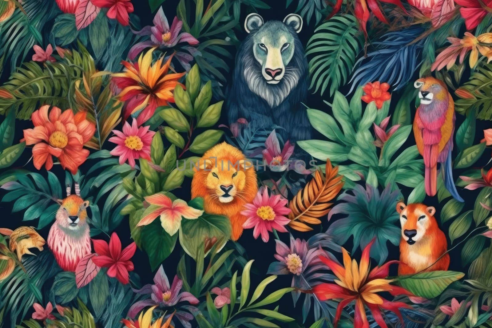 Tropical exotic pattern with animal and flowers in bright colors and lush vegetation. Ai Generative