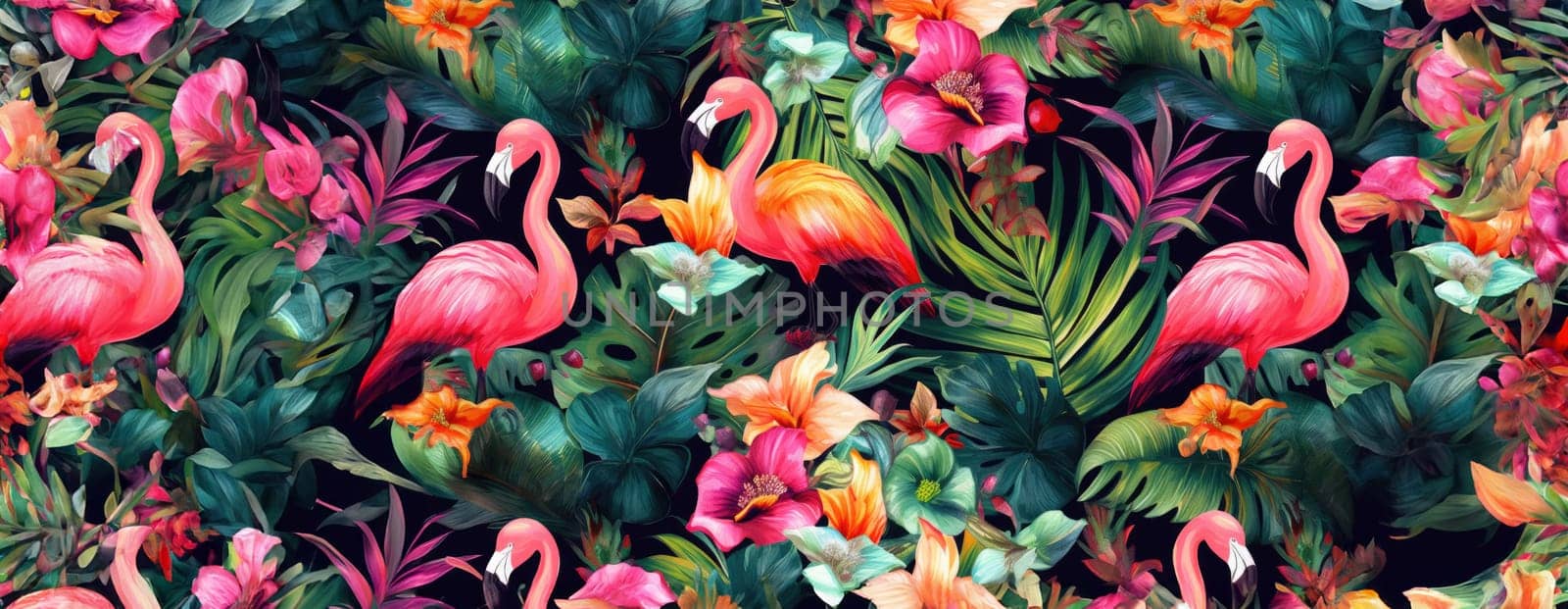 Tropical exotic pattern with animal and flowers in bright colors and lush vegetation. Ai Generative