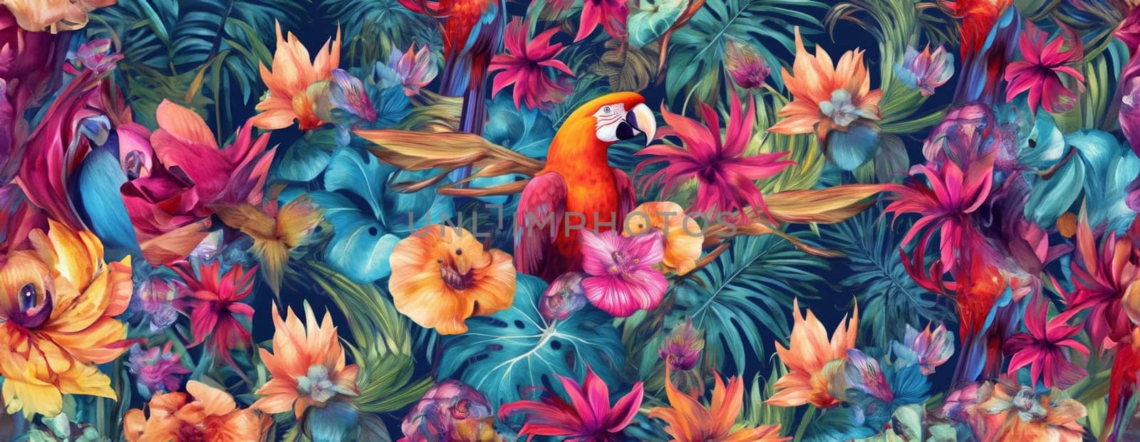 Tropical exotic pattern with animal and flowers in bright colors and lush vegetation. Ai Generative. by Benzoix