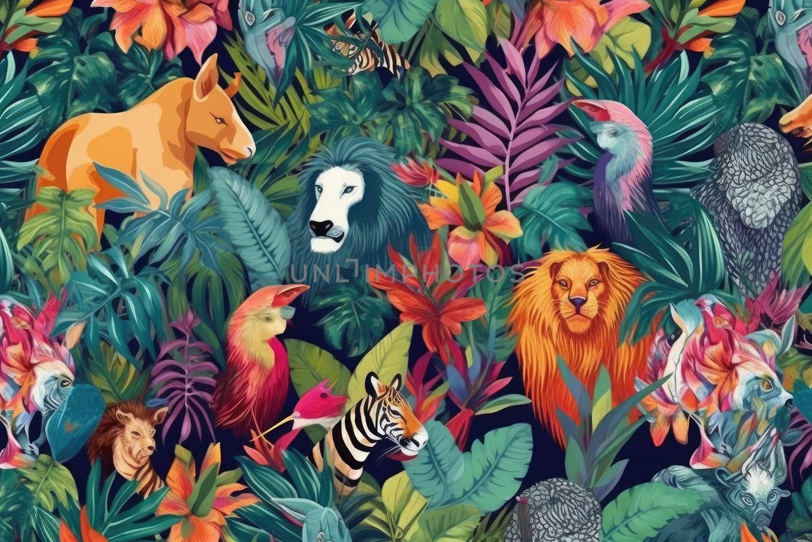 Tropical exotic pattern with animal and flowers in bright colors and lush vegetation. Ai Generative