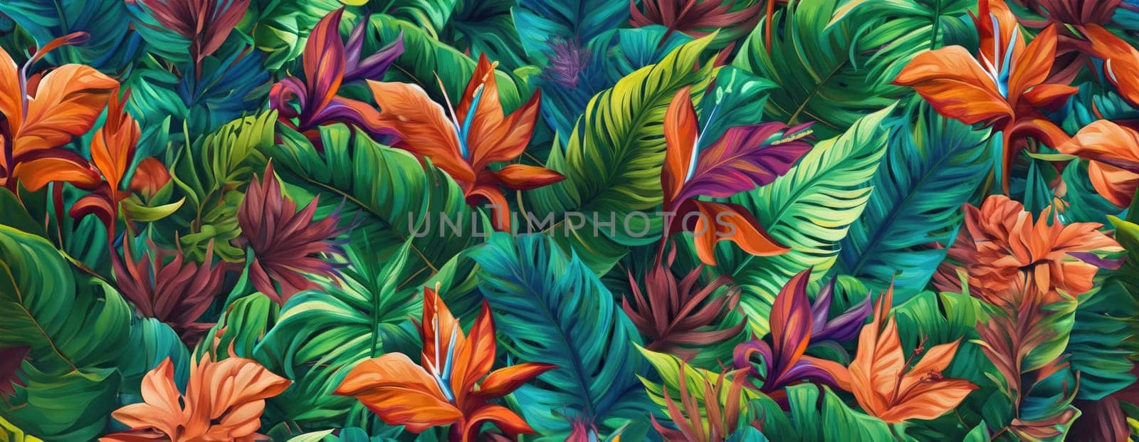 Tropical exotic pattern with animal and flowers in bright colors and lush vegetation. Ai Generative. by Benzoix