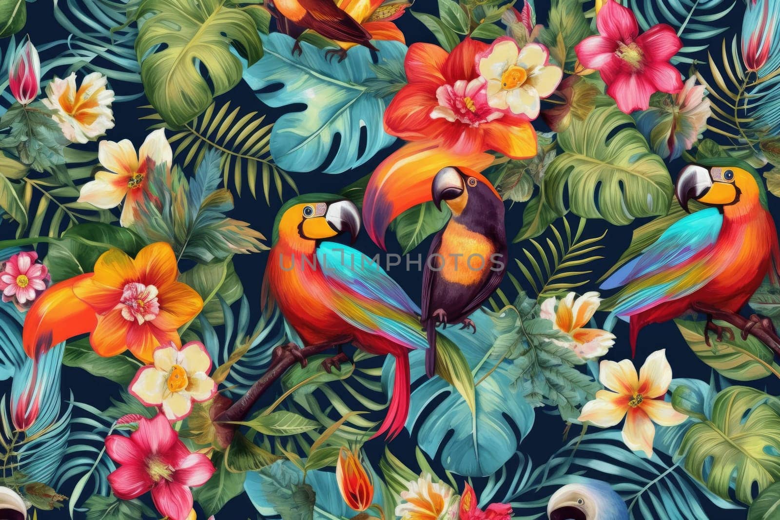 Tropical exotic pattern with animal and flowers in bright colors and lush vegetation. Ai Generative. by Benzoix