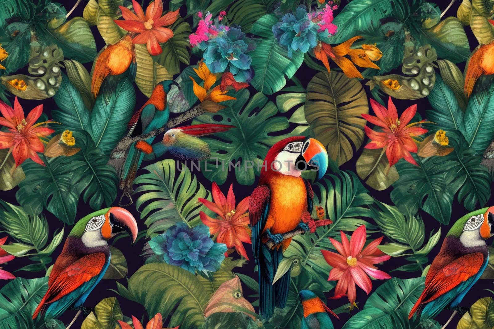 Tropical exotic pattern with animal and flowers in bright colors and lush vegetation. Ai Generative. by Benzoix