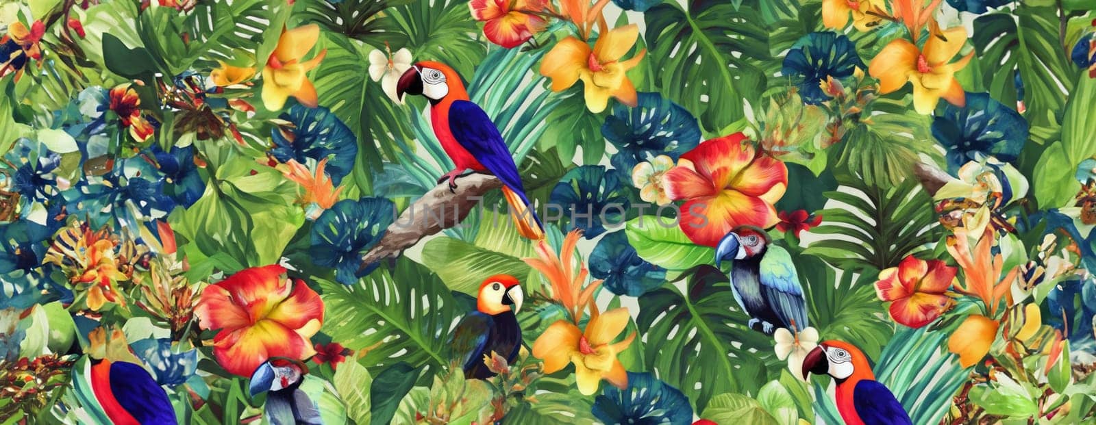 Tropical exotic pattern with animal and flowers in bright colors and lush vegetation. Ai Generative. by Benzoix