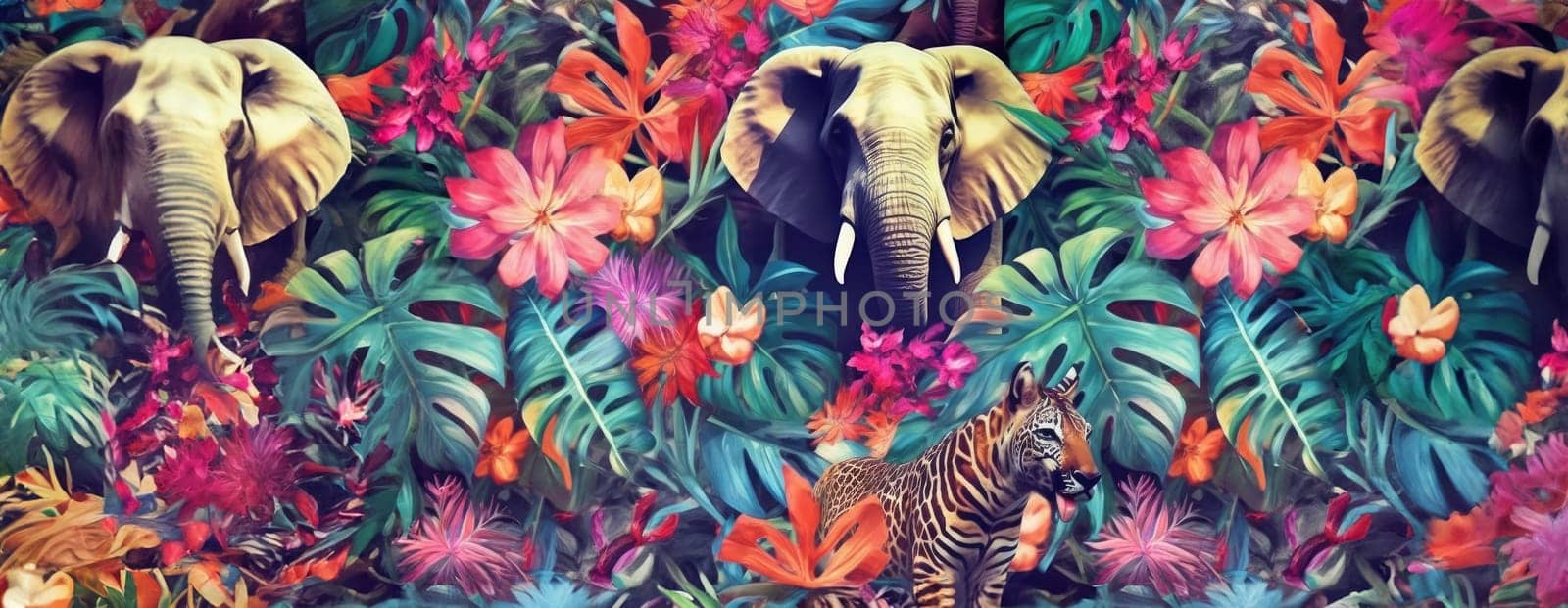 Tropical exotic pattern with animal and flowers in bright colors and lush vegetation. Ai Generative. by Benzoix