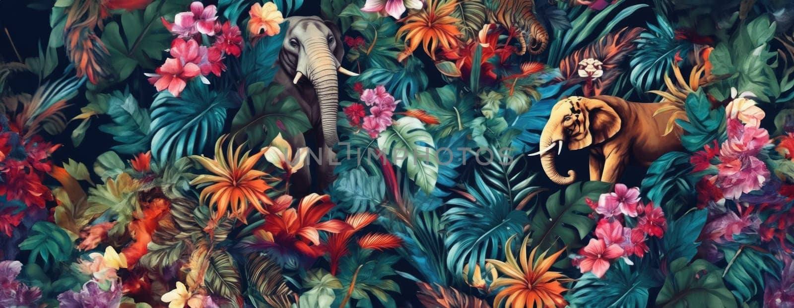 Tropical exotic pattern with animal and flowers in bright colors and lush vegetation. Ai Generative