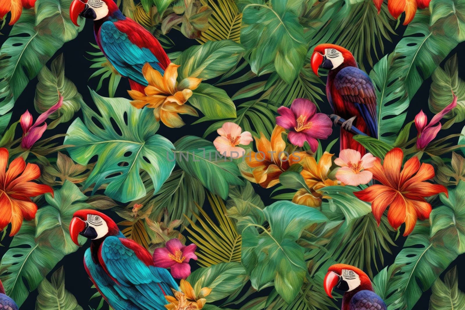 Tropical exotic pattern with animal and flowers in bright colors and lush vegetation. Ai Generative