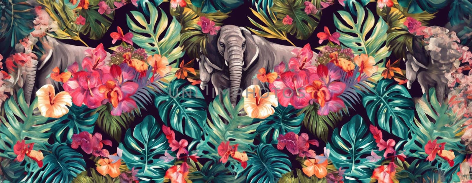 Tropical exotic pattern with animal and flowers in bright colors and lush vegetation. Ai Generative