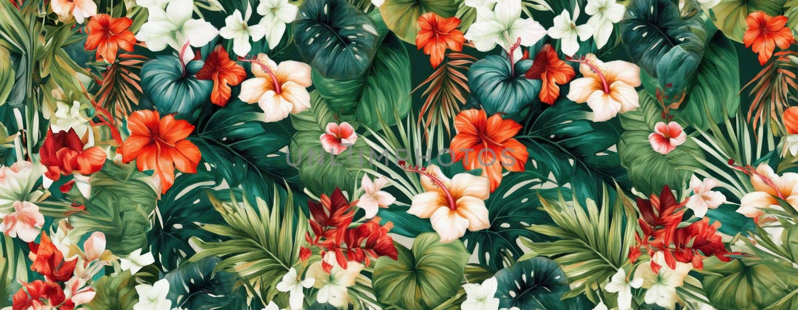 Tropical exotic pattern with animal and flowers in bright colors and lush vegetation. Ai Generative