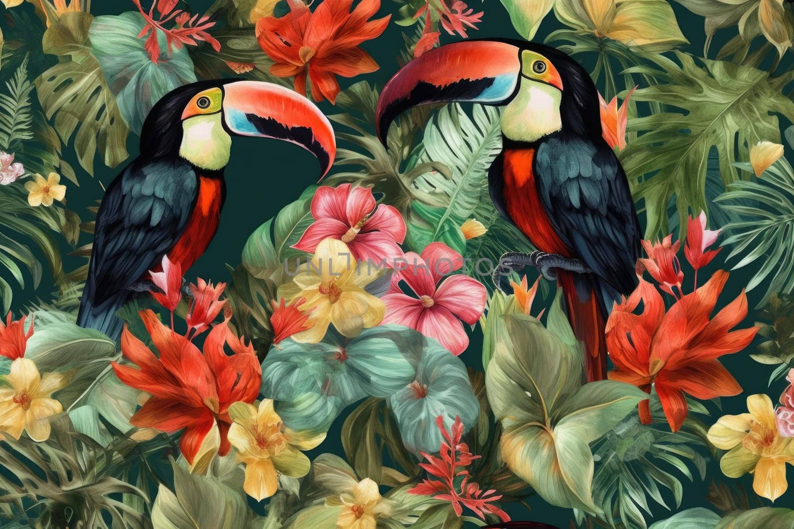 Tropical exotic pattern with animal and flowers in bright colors and lush vegetation. Ai Generative. by Benzoix