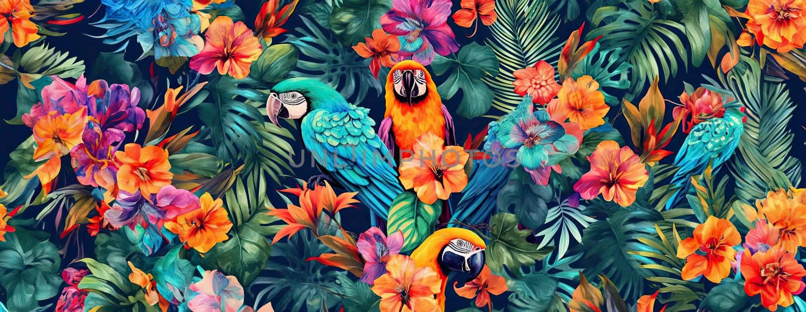 Tropical exotic pattern with animal and flowers in bright colors and lush vegetation. Ai Generative