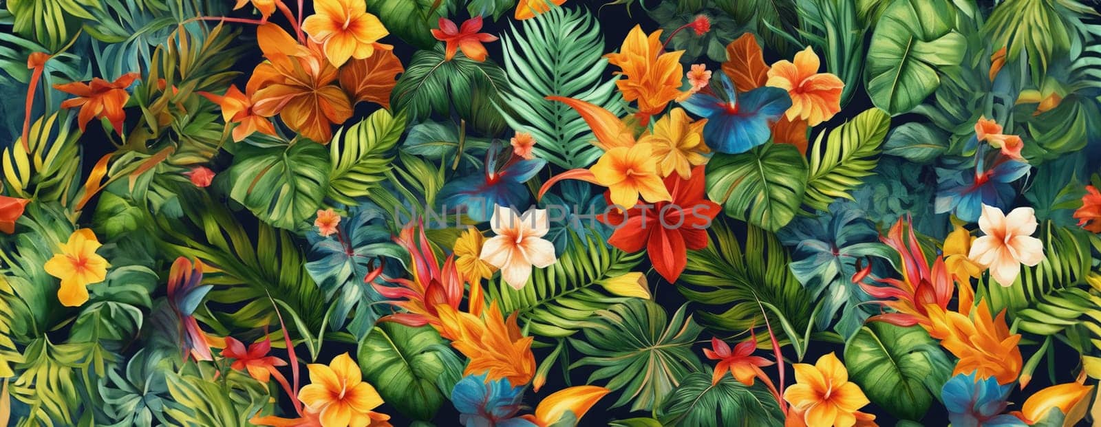 Tropical exotic pattern with animal and flowers in bright colors and lush vegetation. Ai Generative. by Benzoix