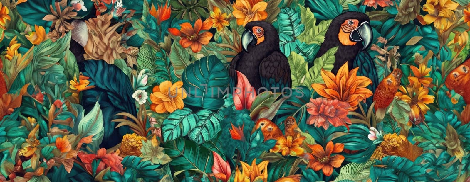 Tropical exotic pattern with animal and flowers in bright colors and lush vegetation. Ai Generative. by Benzoix