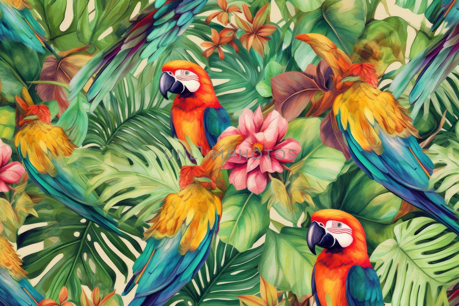 Tropical exotic pattern with animal and flowers in bright colors and lush vegetation. Ai Generative